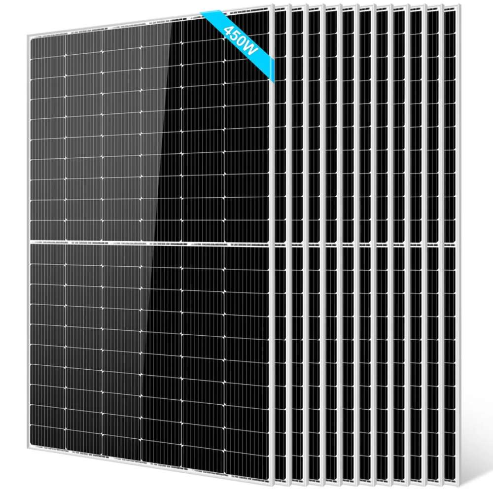 12 Sun Gold Power 450W Monocrystalline PERC Solar Panels arranged as a twelve-panel bundle with a front-facing panel and eleven stacked behind