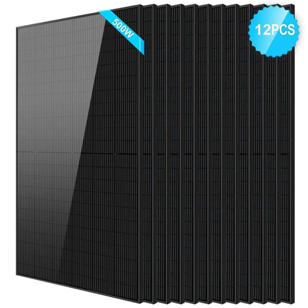 12 Sun Gold Power 500W Mono Black PERC Solar Panel package with twelve matching black panels displayed in a stack