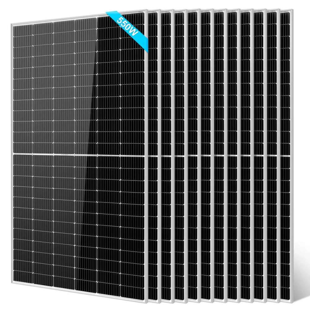 12 Sun Gold Power 550W Monocrystalline PERC Solar Panel units are lined up behind one front-facing panel in a clean product display