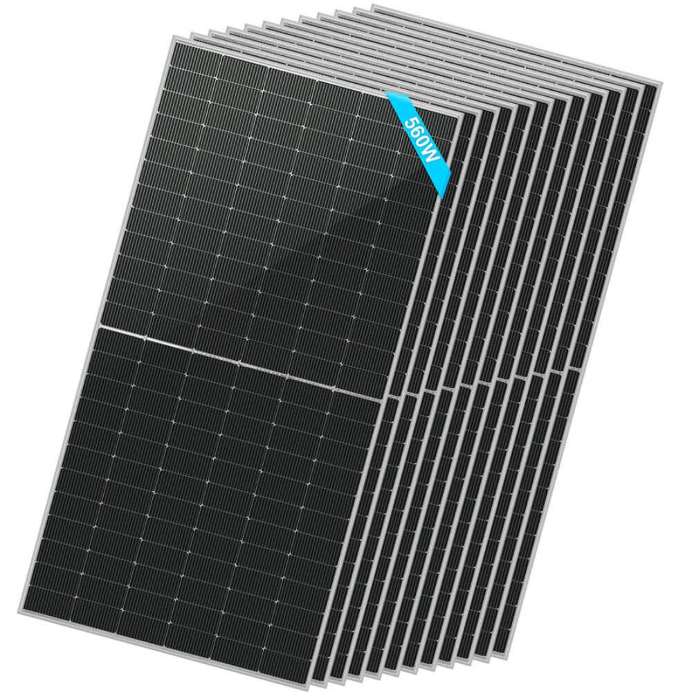 12 Sun Gold Power 560W Bifacial N-Type Solar Panels arranged in an angled overlapping stack