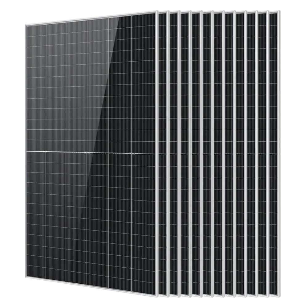 12 Sun Gold Power 590W Bifacial N-Type Monocrystalline Solar Panels displayed with one front-facing panel and eleven stacked behind