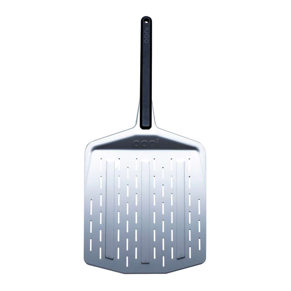 12" Ooni Perforated Pizza Peel seen flat from above with the perforated stainless blade and long black handle.