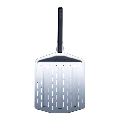 12" Ooni Perforated Pizza Peel seen flat from above with the perforated stainless blade and long black handle.