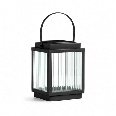 13 inch Crate & Barrel Alfresco Black Metal and Glass LED Solar Outdoor Lantern shown from a second angle