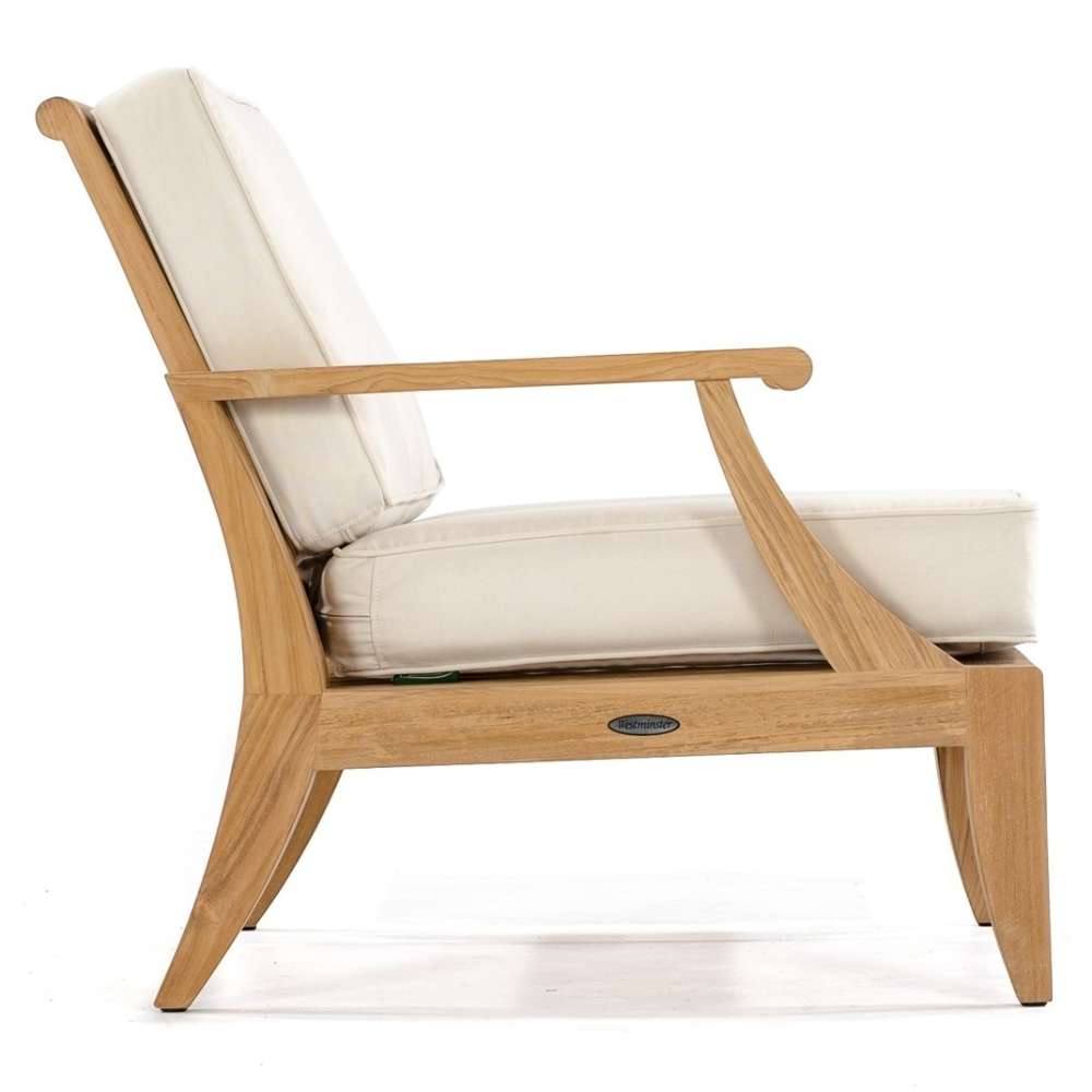 Angled view of Westminster Teak Large Laguna Sofa with taupe cushions, tapered legs, and clean teak lines