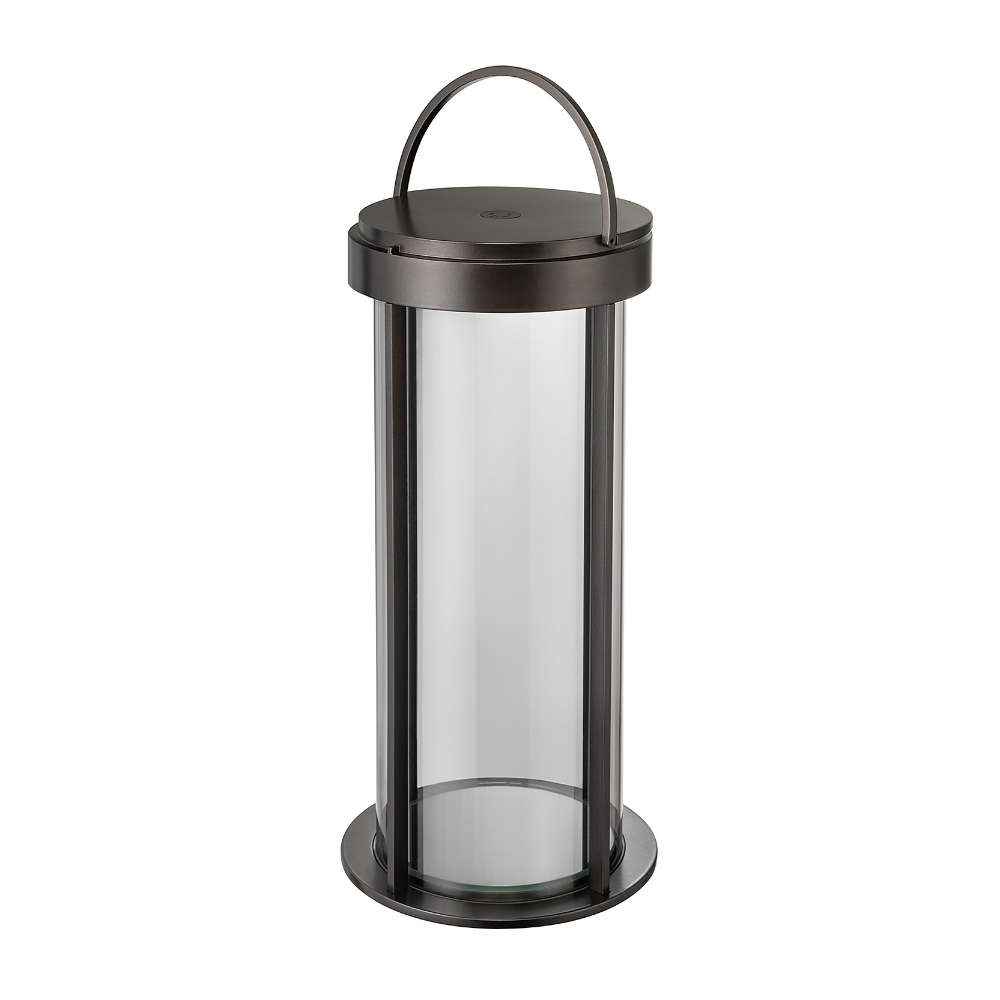 13.7 inch Crate & Barrel Blomus Mituro Rechargeable LED Indoor/Outdoor Lantern, a slim cylindrical tower with a darkened glass shade in a gunmetal aluminum frame