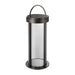 13.7 inch Crate & Barrel Blomus Mituro Rechargeable LED Indoor/Outdoor Lantern, a slim cylindrical tower with a darkened glass shade in a gunmetal aluminum frame