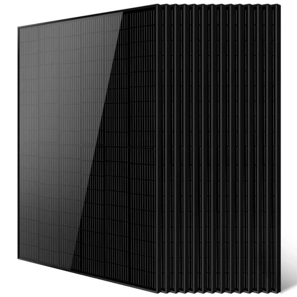 14 Sun Gold Power 415W Mono Black PERC Solar Panel units featured with one panel facing forward and the rest behind