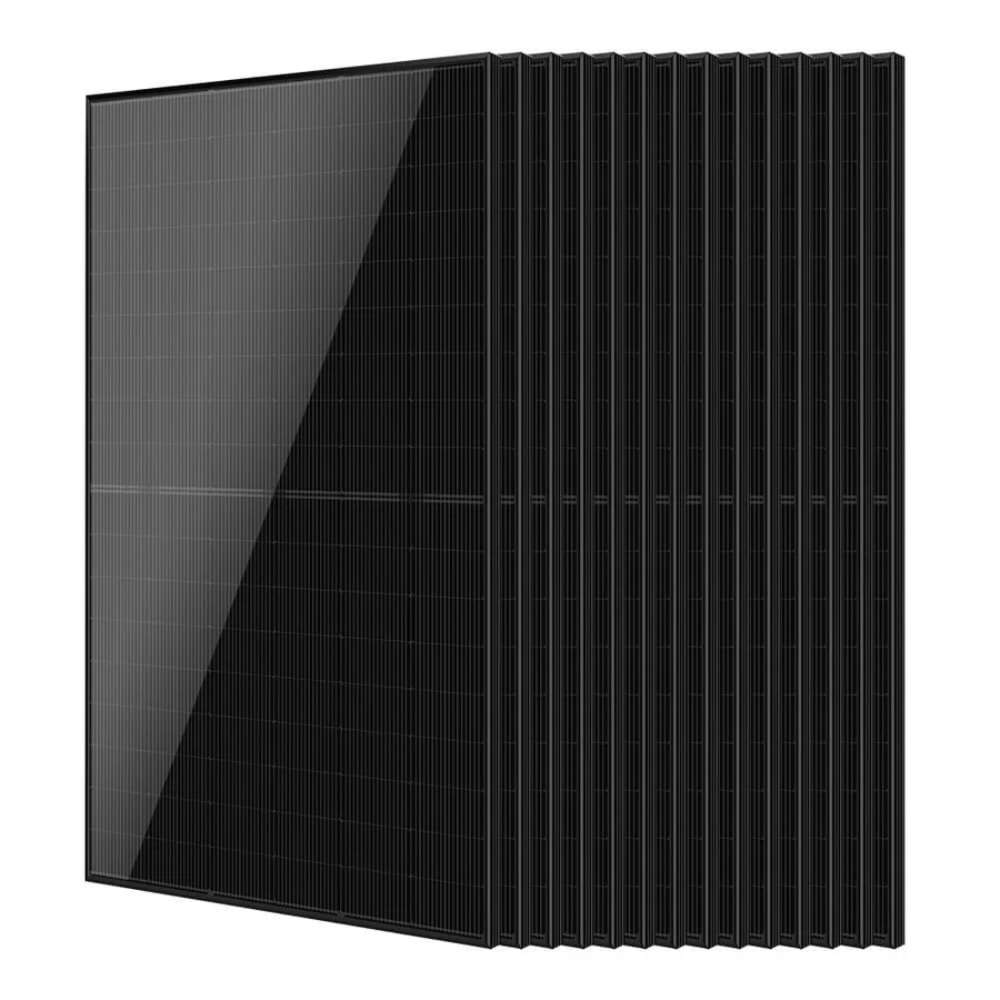 14 Sun Gold Power 440W Mono Black N-Type Solar Panel units are shown standing upright in a neatly aligned layered display