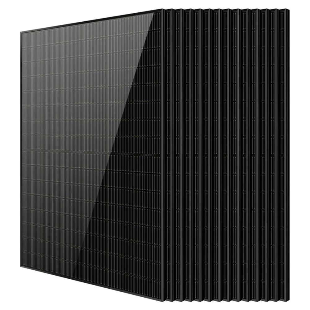 14 Sun Gold Power 450W Bifacial N-Type Monocrystalline Solar Panels arranged in a uniform stack with black-framed modules