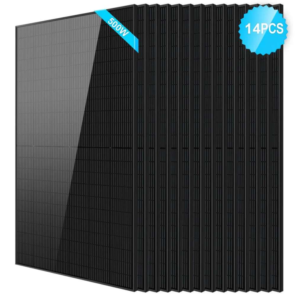 14 Sun Gold Power 500W Mono Black PERC Solar Panel package with fourteen black solar panels arranged in an overlapping row