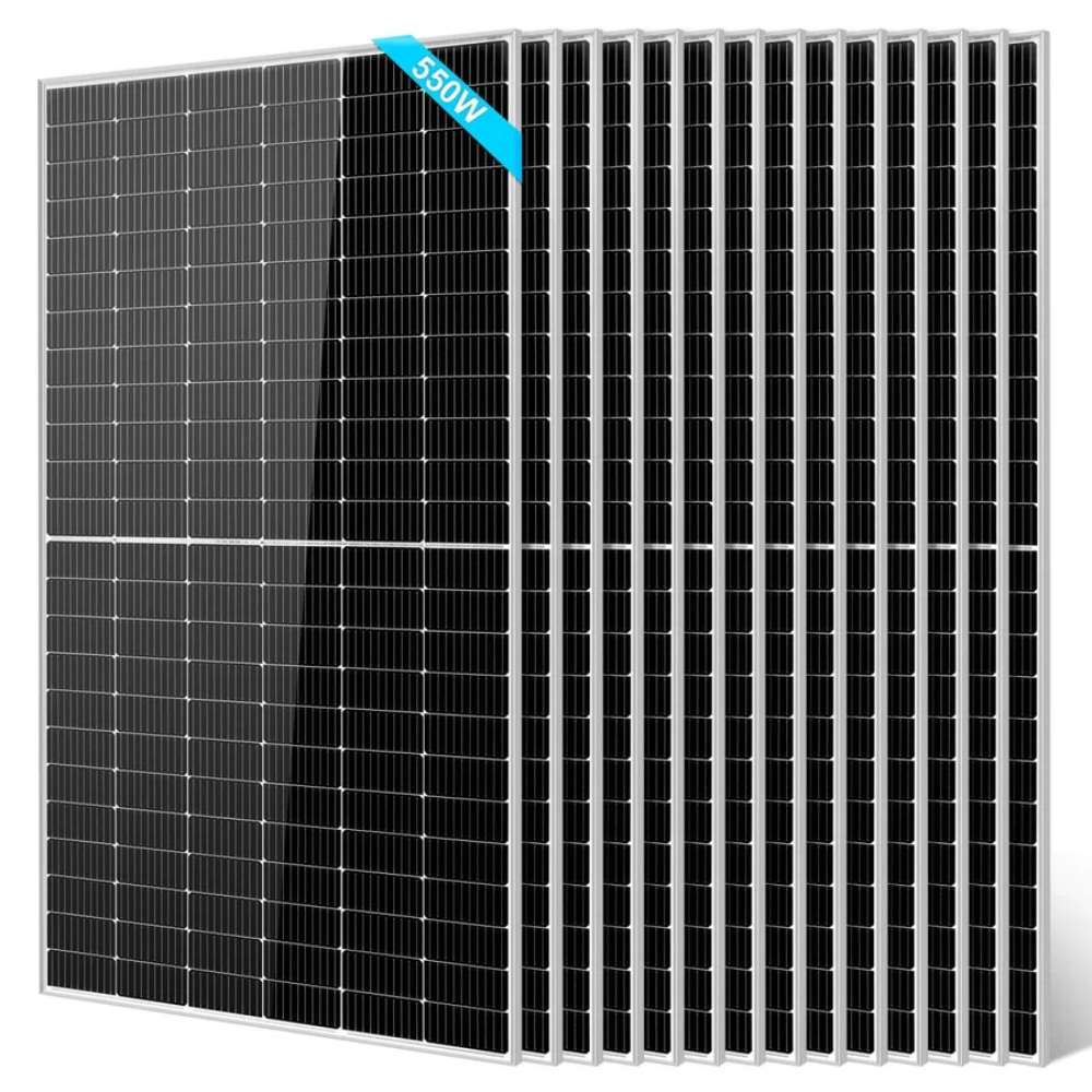 14 Sun Gold Power 550W Monocrystalline PERC Solar Panel units are stacked in a neat overlapping arrangement with the front panel fully visible