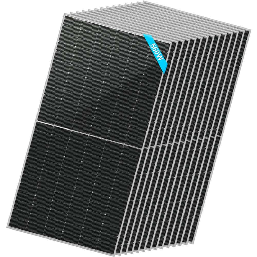14 Sun Gold Power 560W Bifacial N-Type Solar Panels displayed in a layered stack with the front panel facing forward