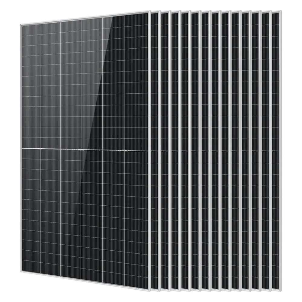 14 Sun Gold Power 590W Bifacial N-Type Monocrystalline Solar Panels shown with one panel in front and thirteen aligned behind