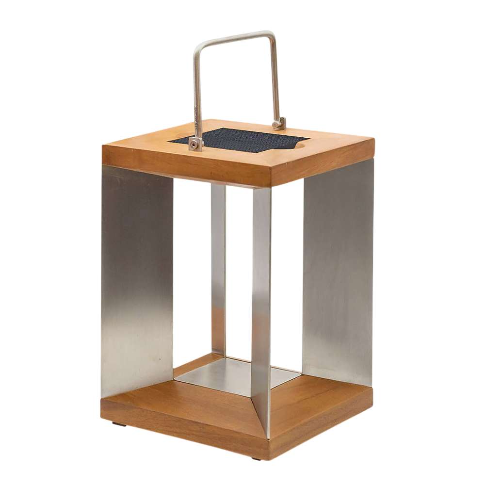 14 inch Crate & Barrel Blade Teak and Stainless Steel LED Solar Outdoor Lantern with angled stainless steel blades set into a weathered teak frame
