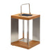 14 inch Crate & Barrel Blade Teak and Stainless Steel LED Solar Outdoor Lantern with angled stainless steel blades set into a weathered teak frame