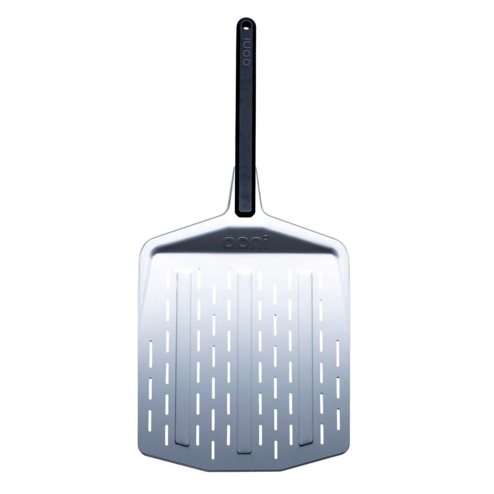 14" Ooni Perforated Pizza Peel seen flat from above with the wider perforated stainless blade and long black handle.