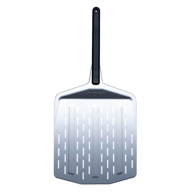 14" Ooni Perforated Pizza Peel seen flat from above with the wider perforated stainless blade and long black handle.