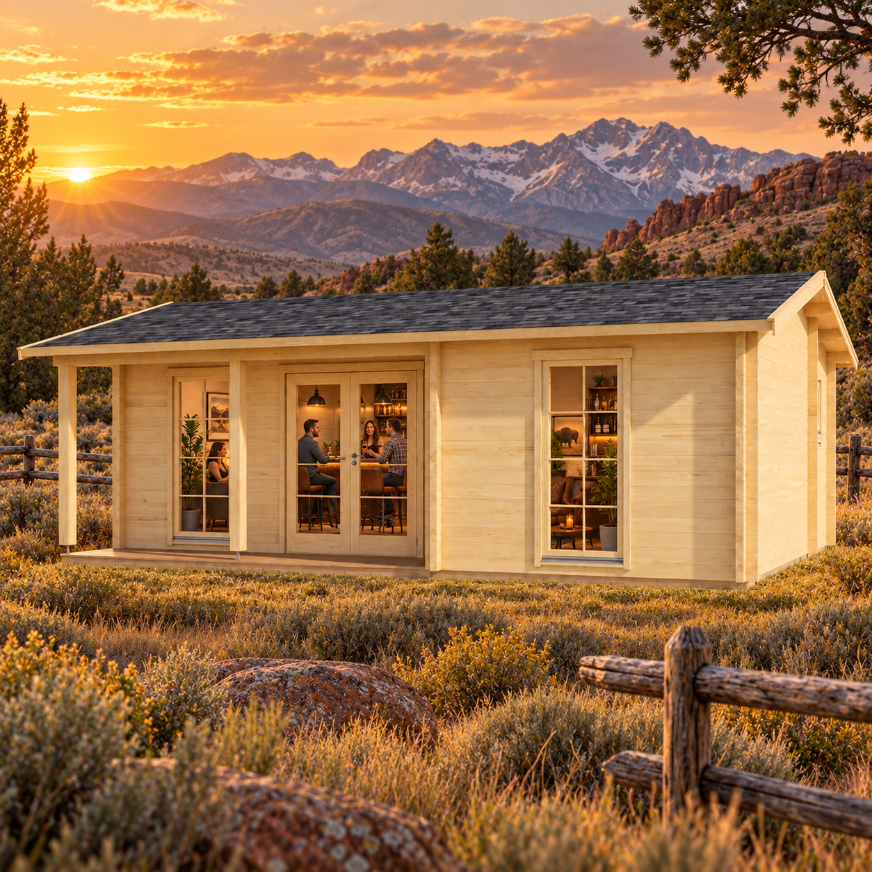 Rectangular wood cabin with glass doors and windows at sunset, set against a mountain range backdrop.