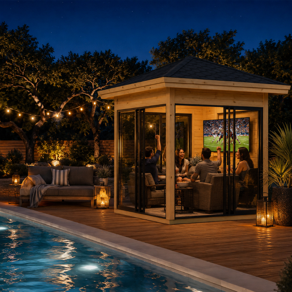 Square wood and glass pavilion with a black roof on a deck by a pool at night, featuring people watching a TV inside.