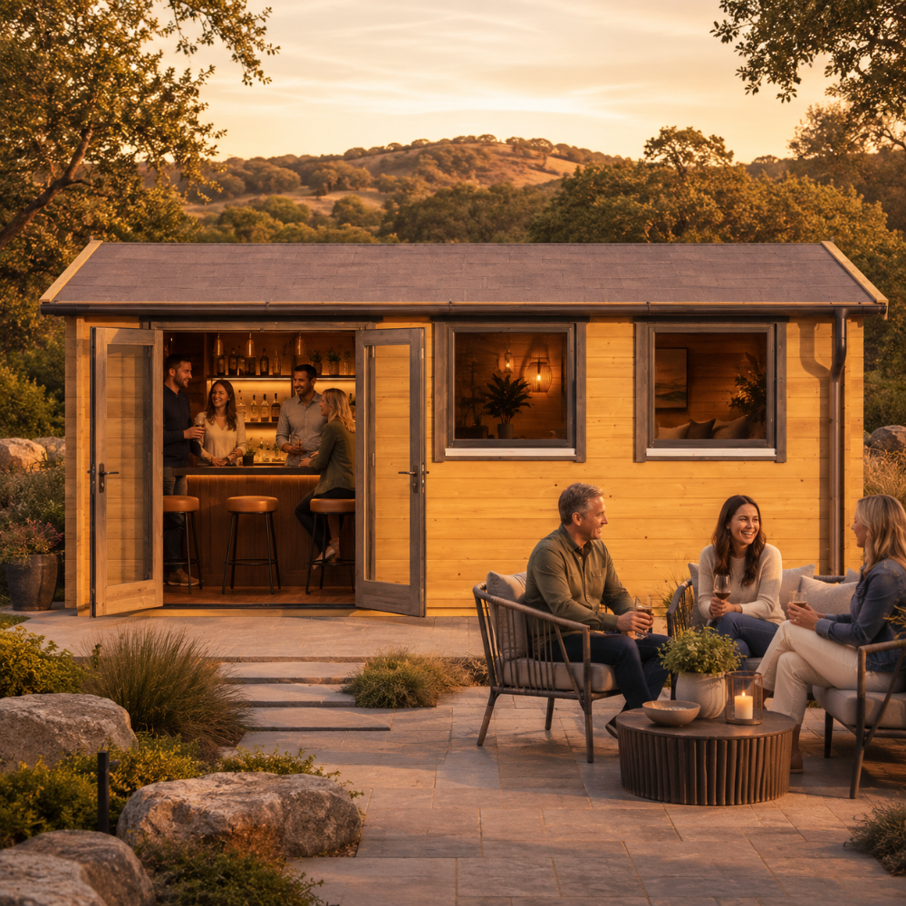 Rectangular wood studio with a bar inside and people sitting on a stone patio at sunset. Davos 44A Freedom Office.