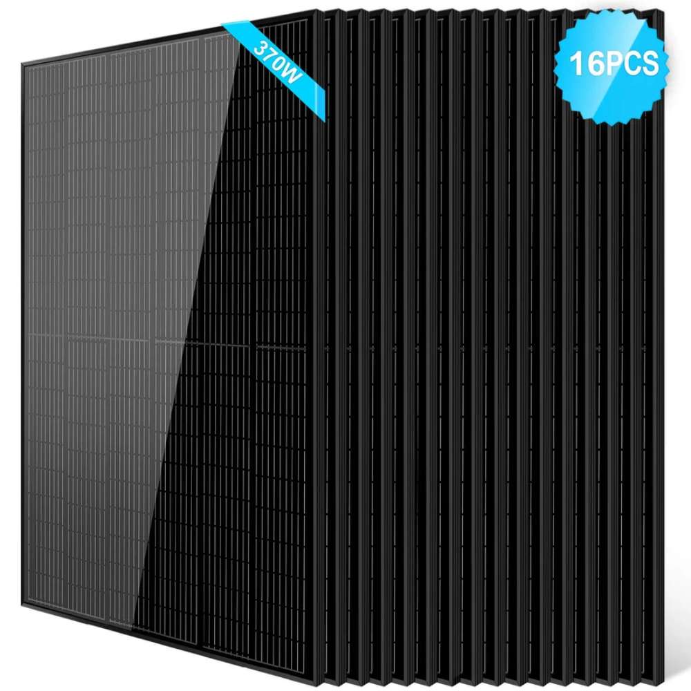 16 Sun Gold Power 370W Mono Black PERC Solar Panels displayed in a layered row with matching black monocrystalline construction