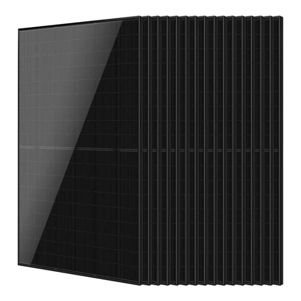 16 Sun Gold Power 440W Mono Black N-Type Solar Panel units are displayed upright in a stacked arrangement with one panel facing forward