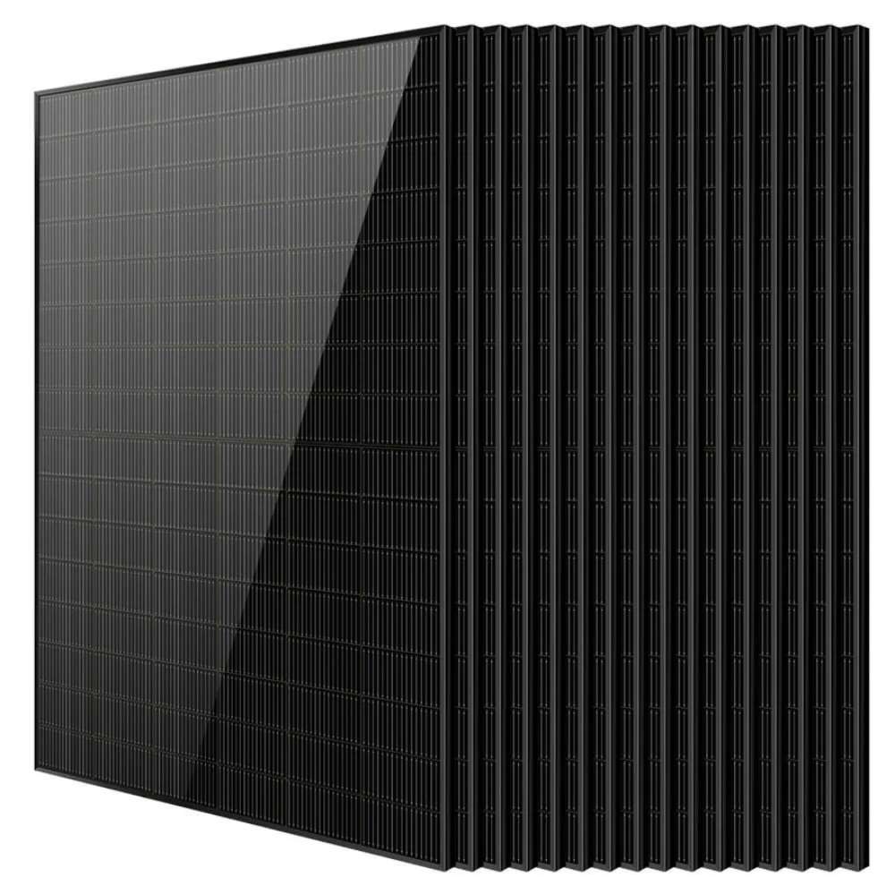 16 Sun Gold Power 450W Bifacial N-Type Monocrystalline Solar Panels displayed in a large stacked bundle with identical black panels
