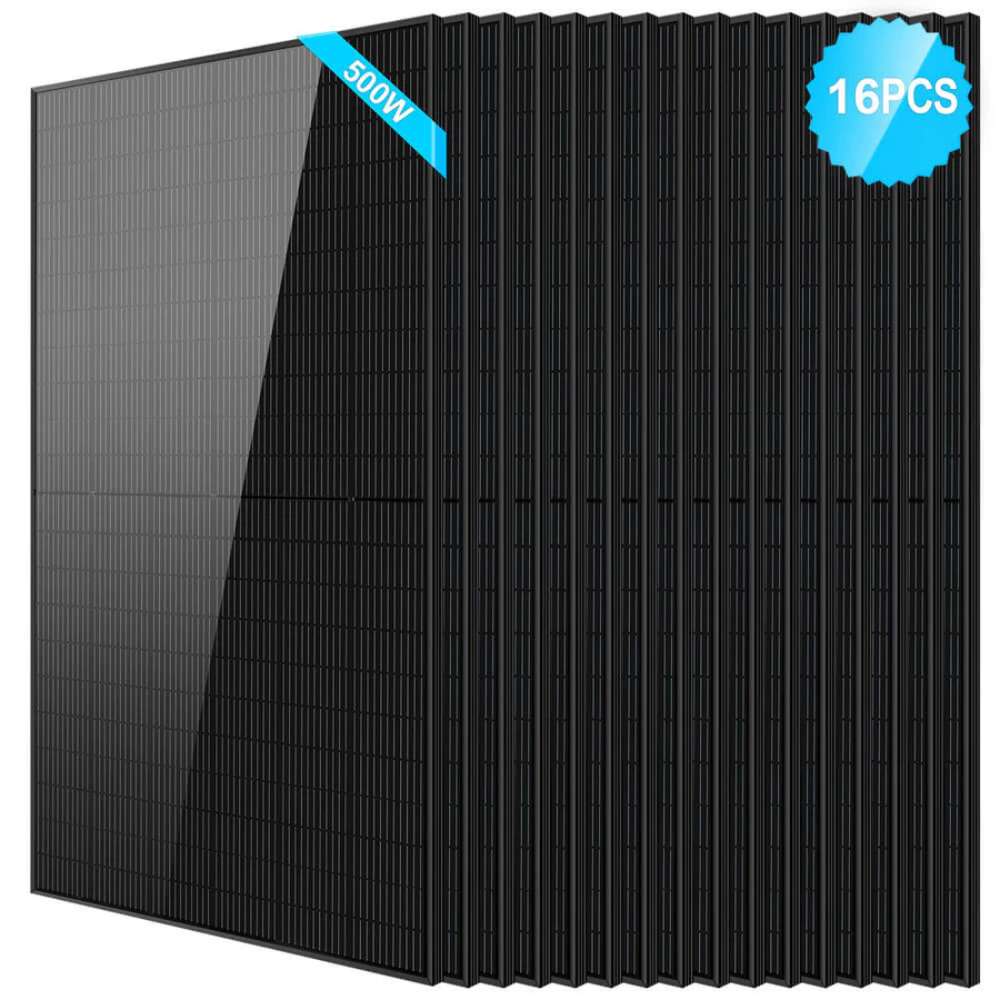 16 Sun Gold Power 500W Mono Black PERC Solar Panel package with sixteen sleek black panels stacked together