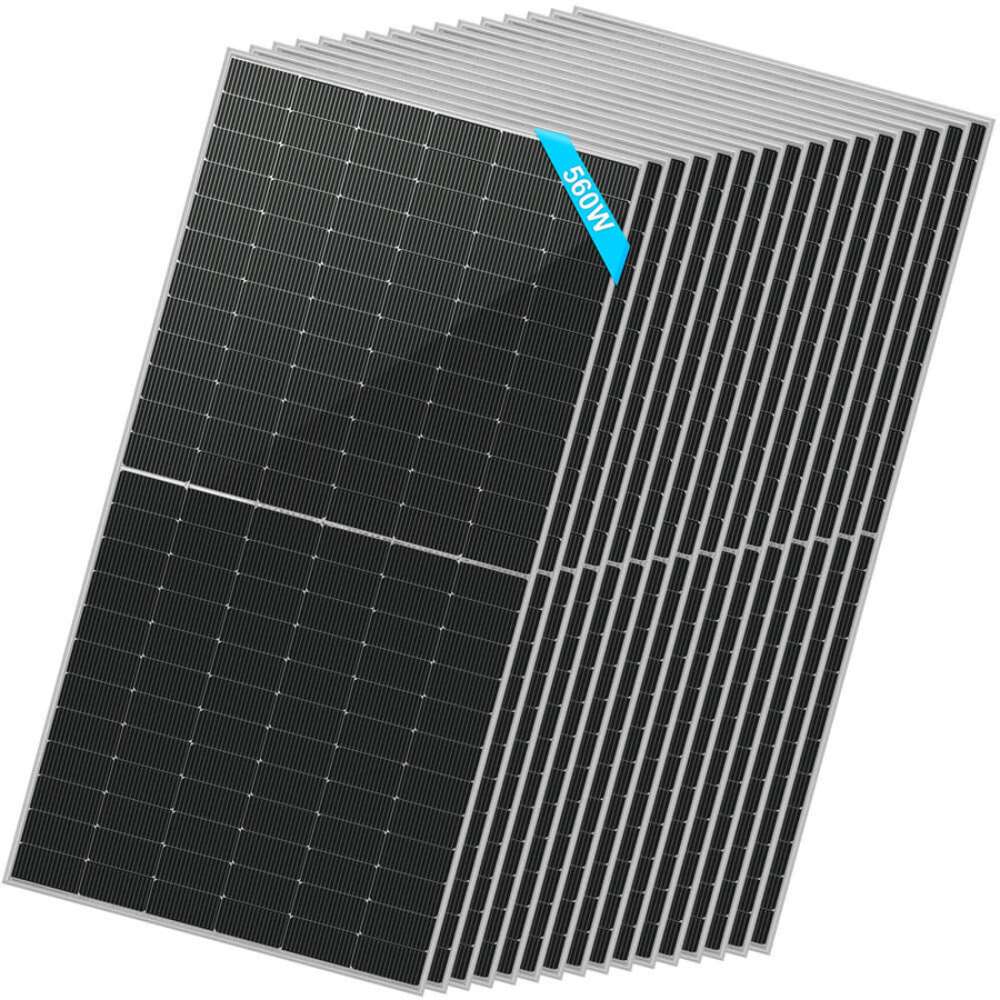 16 Sun Gold Power 560W Bifacial N-Type Solar Panels stacked with one front panel and the remaining panels behind it