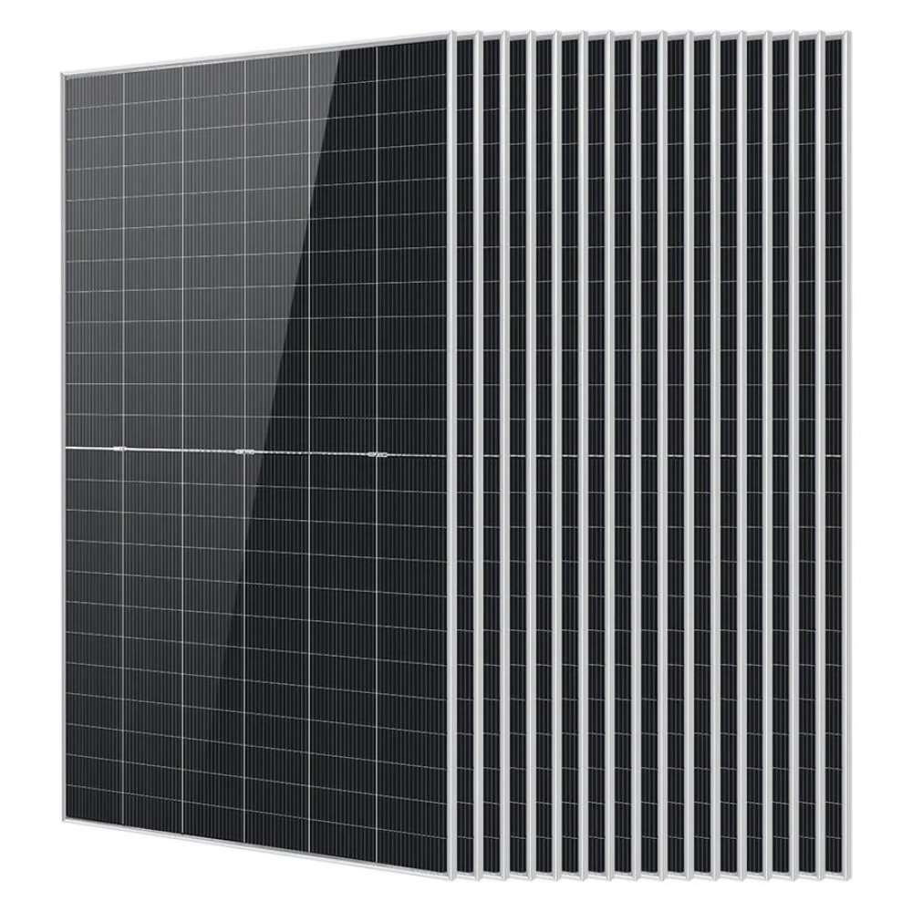16 Sun Gold Power 590W Bifacial N-Type Monocrystalline Solar Panels displayed with one front panel and fifteen stacked behind