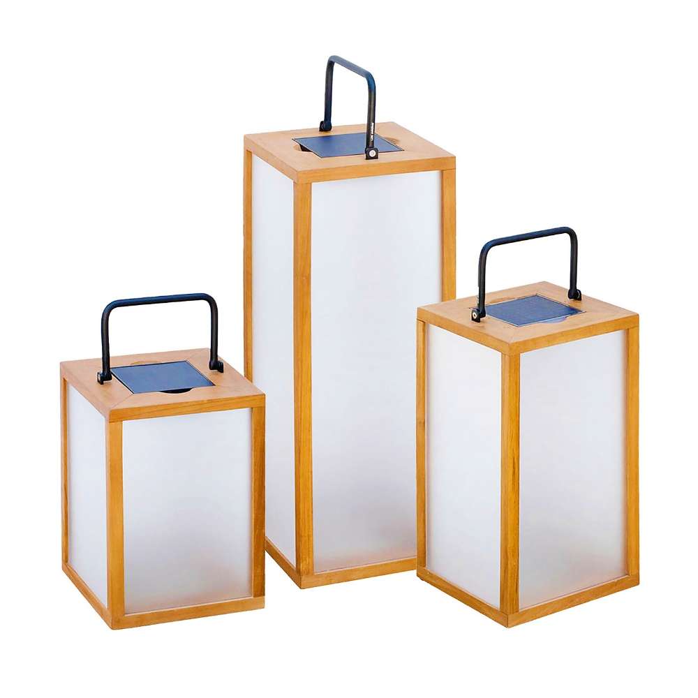 16 inch and 25 inch Crate & Barrel Les Jardins Tradition Teak LED Outdoor Solar-Powered Lantern shown together, both with frosted panels in weathered teak frames