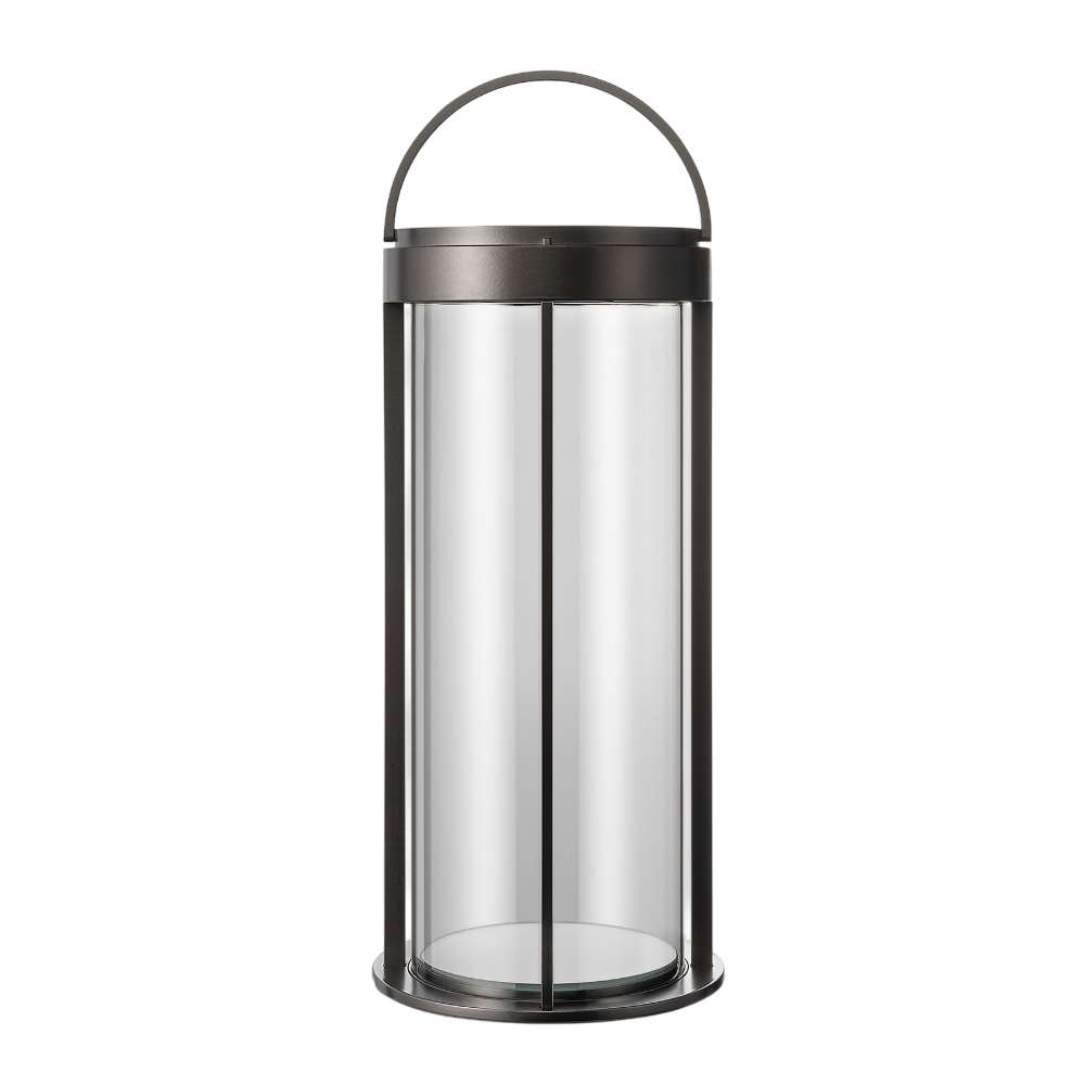 17.7 inch Crate & Barrel Blomus Mituro Rechargeable LED Indoor/Outdoor Lantern, a taller cylindrical tower with a darkened glass shade in a gunmetal aluminum frame