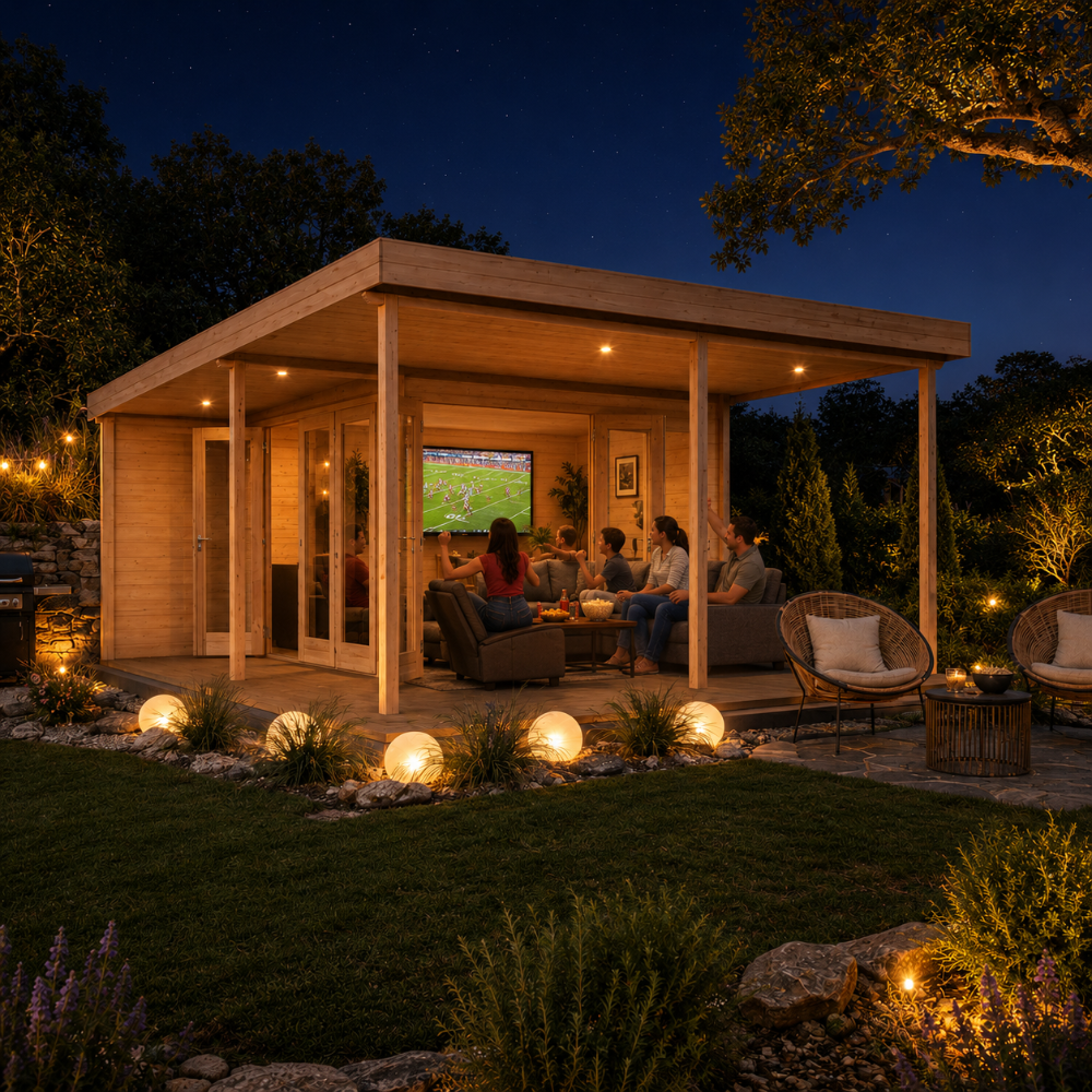 Rectangular wood studio with glass doors and a porch, illuminated at night with people watching a television inside.
