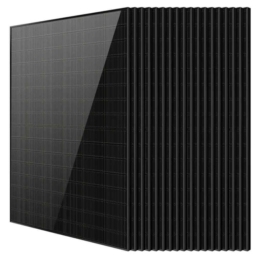 18 Sun Gold Power 450W Bifacial N-Type Monocrystalline Solar Panels shown layered together with sleek black monocrystalline modules