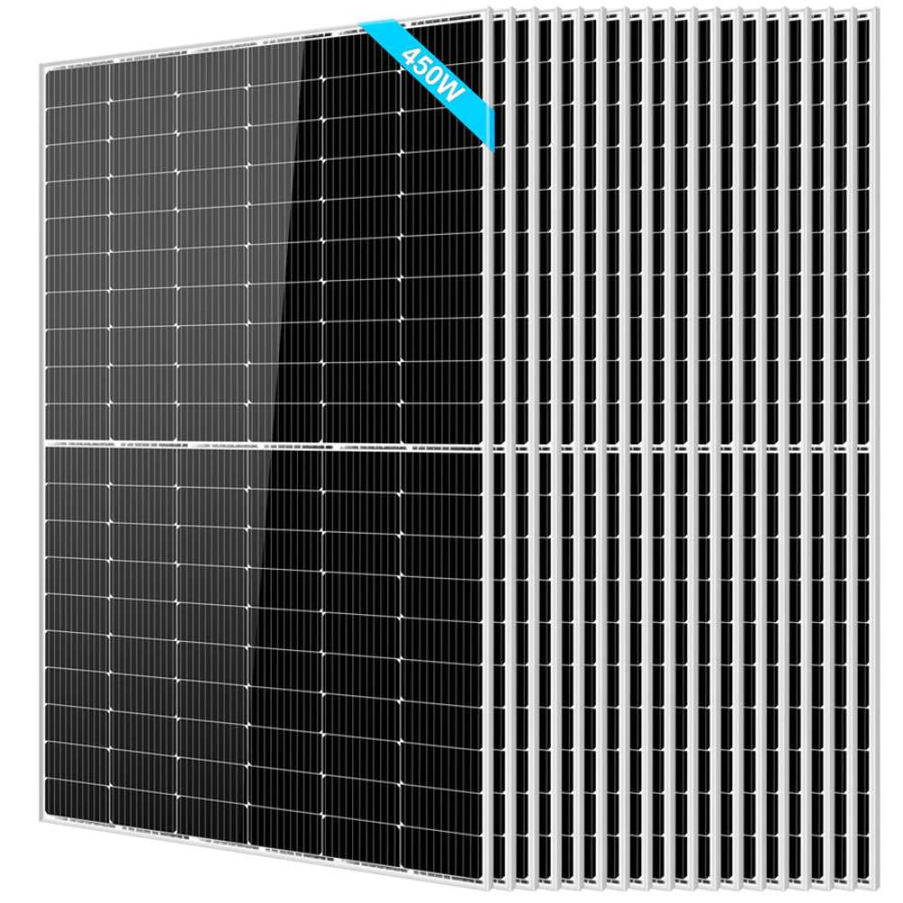 18 Sun Gold Power 450W Monocrystalline PERC Solar Panels shown as an eighteen-panel bundle with multiple matching panels arranged behind the front panel