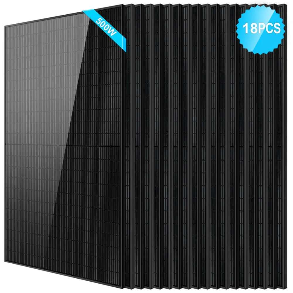 18 Sun Gold Power 500W Mono Black PERC Solar Panel package with eighteen overlapping black solar panels on a white background