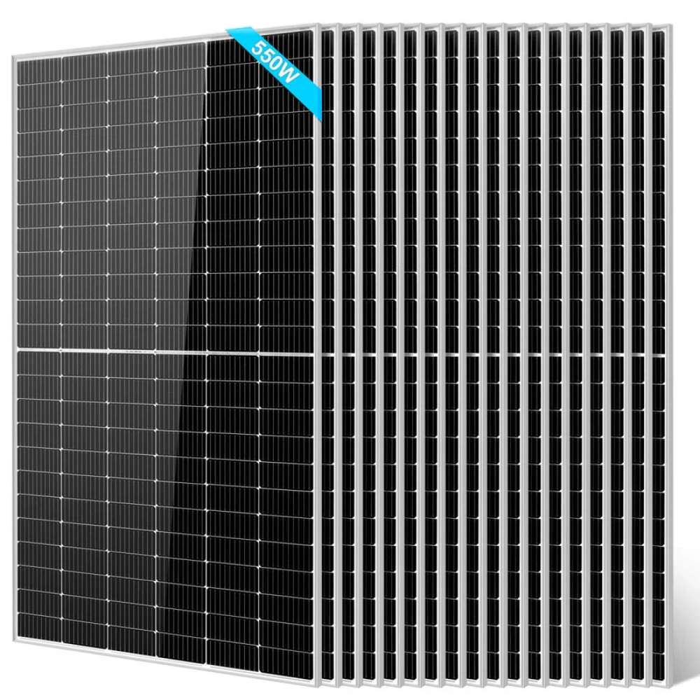 18 Sun Gold Power 550W Monocrystalline PERC Solar Panel units are arranged in a large overlapping stack with one panel featured at the front