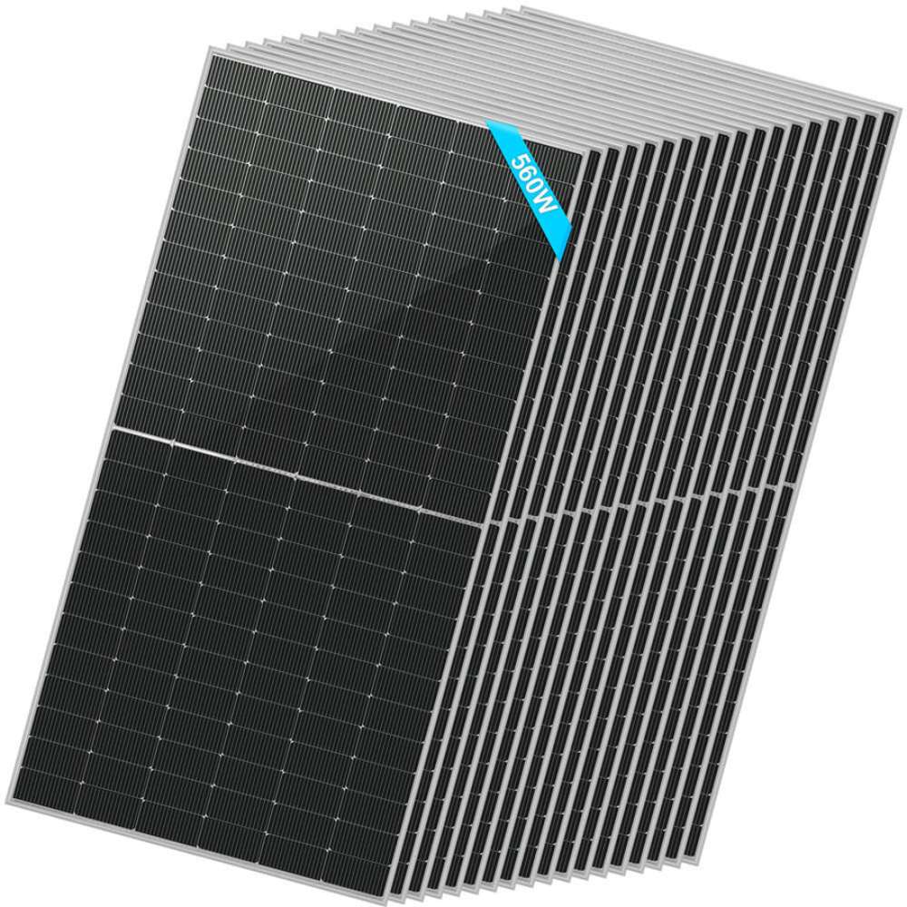 18 Sun Gold Power 560W Bifacial N-Type Solar Panels shown in a large overlapping bundle with black photovoltaic cells visible