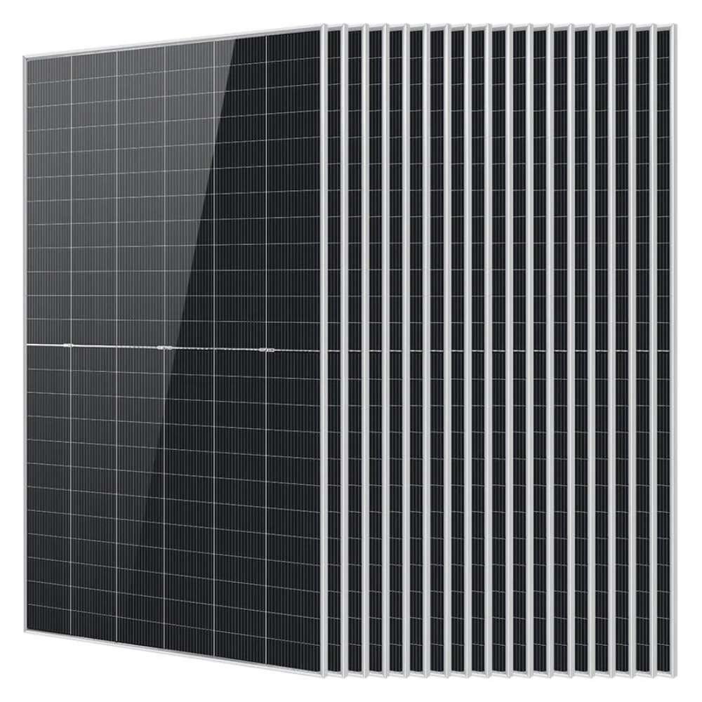 18 Sun Gold Power 590W Bifacial N-Type Monocrystalline Solar Panels shown with one panel in front and seventeen layered behind