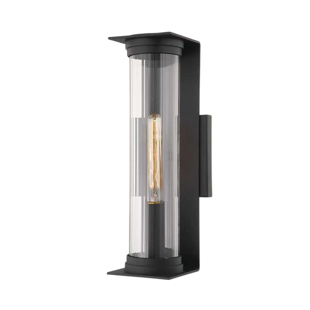 18 Inch Black Crate & Barrel Stirling Outdoor Wall Sconce Light in textured black iron and steel with a ribbed glass tube shade, shown in the main product view
