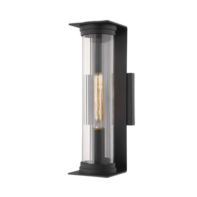 18 Inch Black Crate & Barrel Stirling Outdoor Wall Sconce Light in textured black iron and steel with a ribbed glass tube shade, shown in the main product view