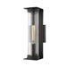18 Inch Black Crate & Barrel Stirling Outdoor Wall Sconce Light in textured black iron and steel with a ribbed glass tube shade, shown in the main product view