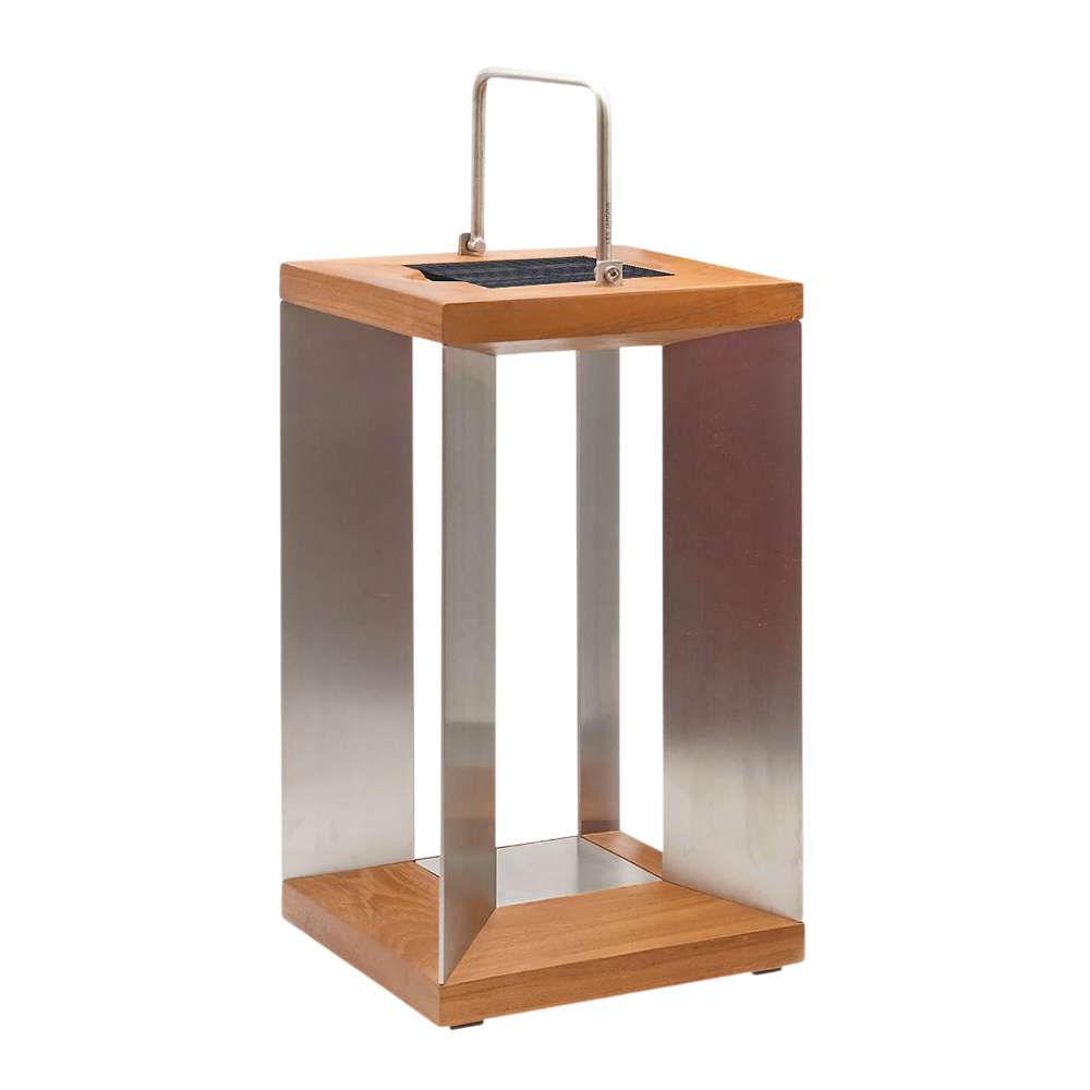 18 inch Crate & Barrel Blade Teak and Stainless Steel LED Solar Outdoor Lantern with angled stainless steel blades set into a taller weathered teak frame