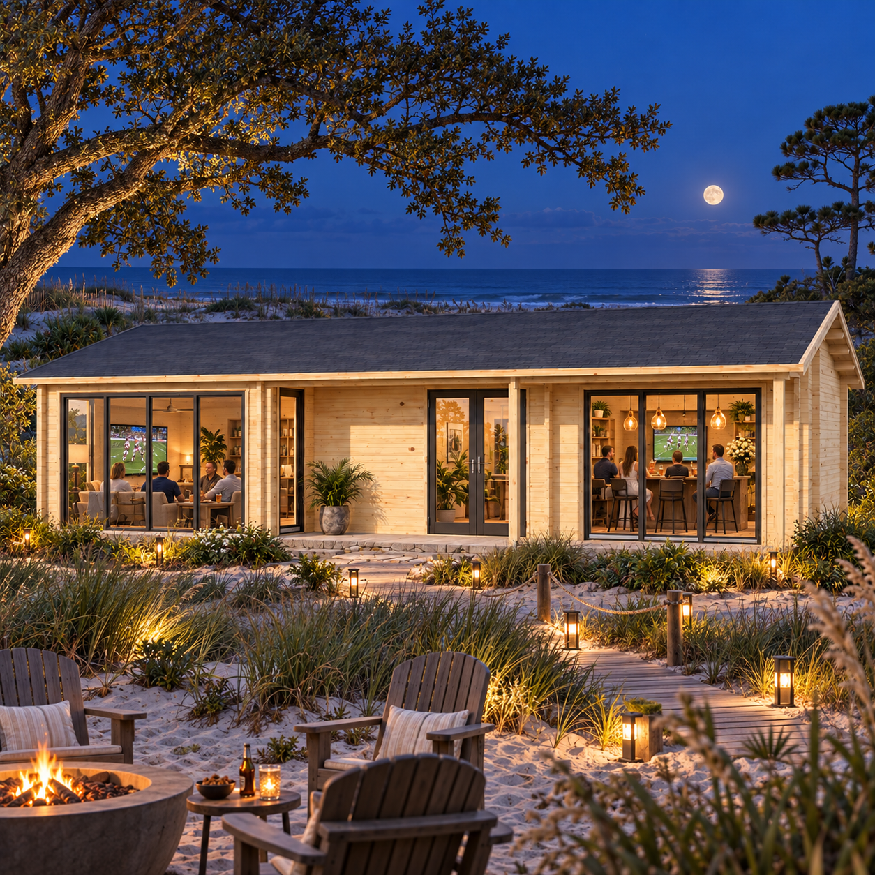 Rectangular wood cabin with glass doors and lit interior on a beach at night near a fire pit and chairs.
