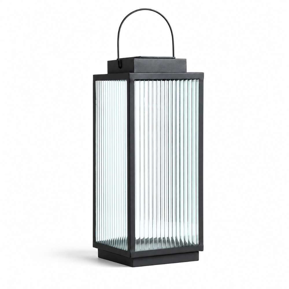 19 inch Crate & Barrel Alfresco Black Metal and Glass LED Solar Outdoor Lantern shown from a second angle