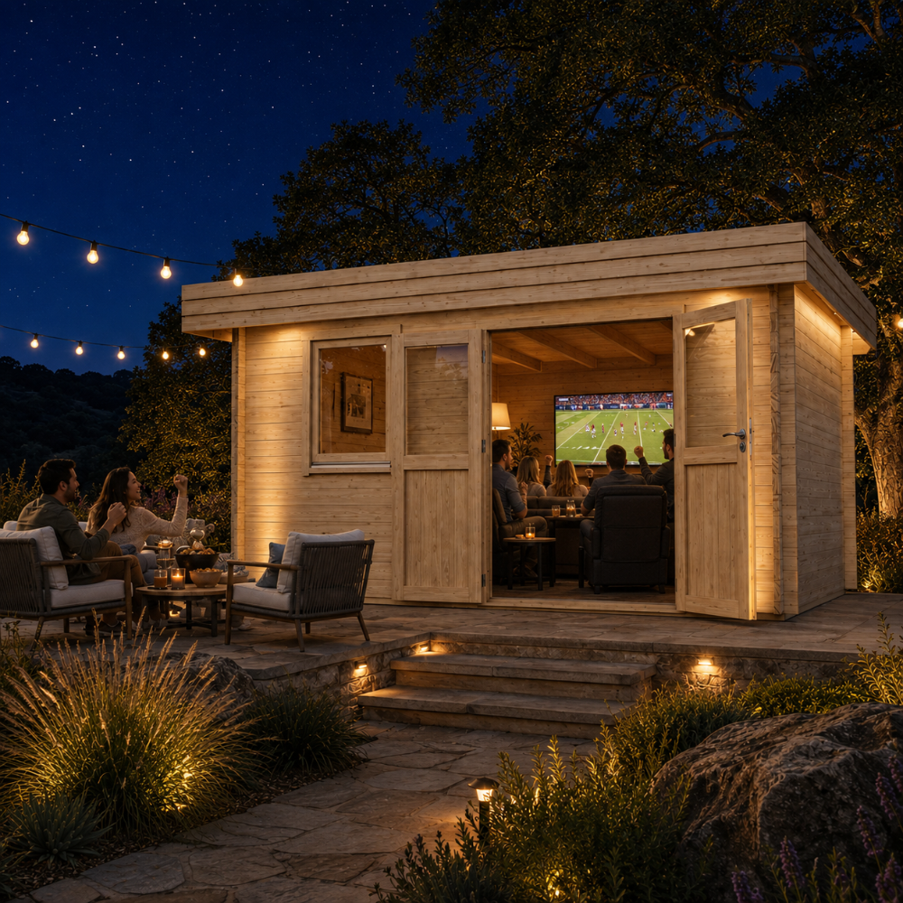 Rectangular light wood studio with open double doors, interior seating, and a television at night under string lights.