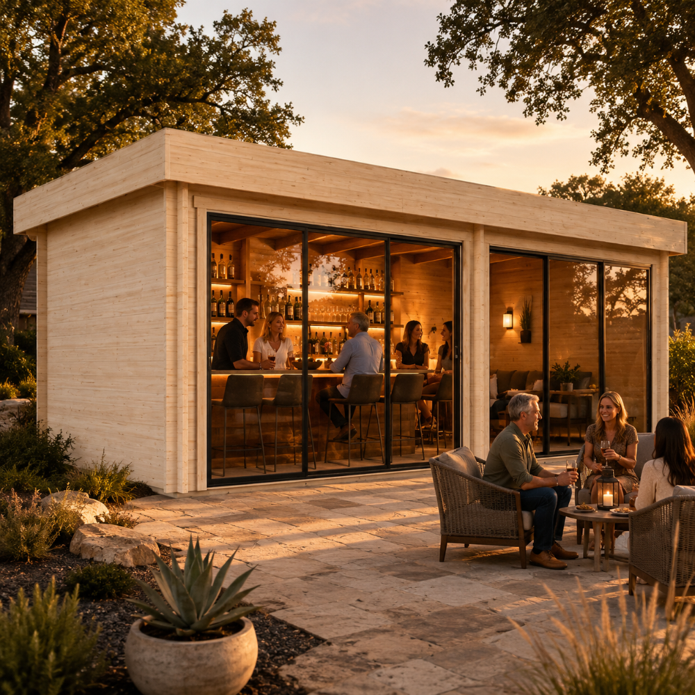 Rectangular light wood studio with glass sliding doors, an interior bar, and people seated on a stone patio at sunset.