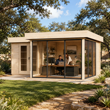Rectangular light wood cabin with large glass windows and doors, used as an office space in a grassy yard with trees.