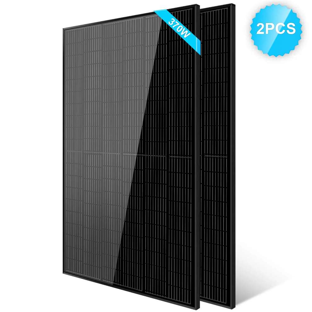 2 Sun Gold Power 370W Mono Black PERC Solar Panels standing upright as a matching black monocrystalline solar panel set